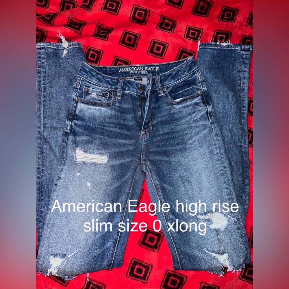 American Eagle Outfitters Women's High Rise Distressed Jeans - Dark Blue
